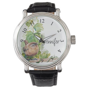 Waterverf Winterkoning Vogel Wijngaard Druiven Bla Horloge