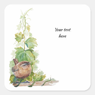 Waterverf Winterkoning Vogel Wijngaard Druiven Bla Vierkante Sticker