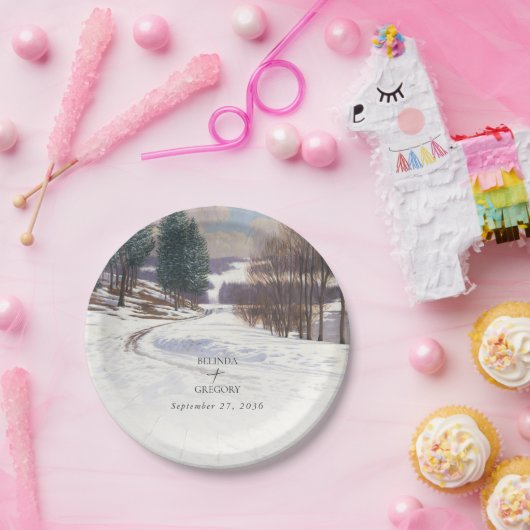 Waterverf winterlandschap bruiloft papieren bordje (Feest)