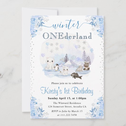 Waterverf Winterpooldieren 1e verjaardag Kaart (Voorkant)