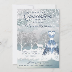 Waterverf winterscène blauwe jurk Quinceañera Kaart