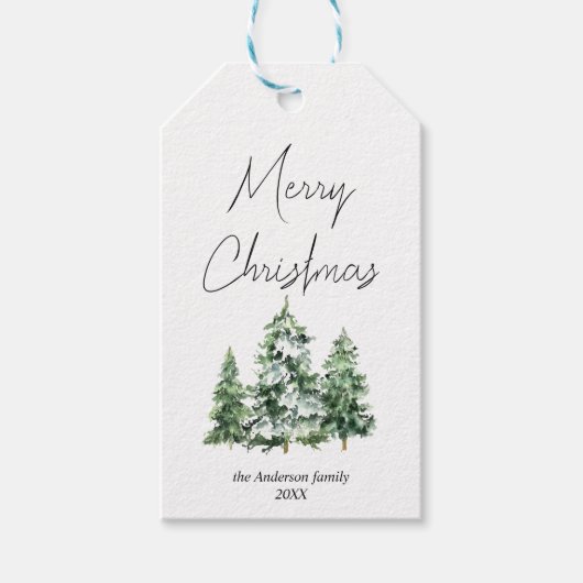 Waterverf wintersneeuw dennenbomen Vrolijk kerstfe Cadeaulabel (Voorkant)