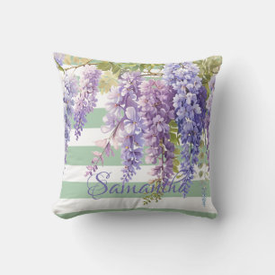 Waterverf Wisteria Bloemrijke groene strips Kussen