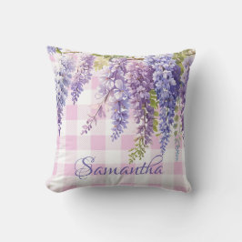 Waterverf wisteria floral pink white check kussen
