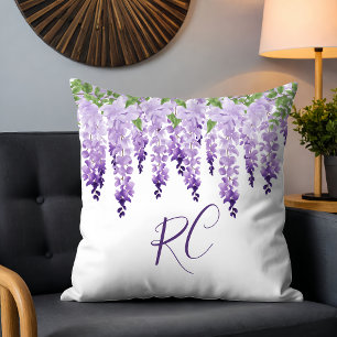 Waterverf Wisteria gepersonaliseerd monogram Kussen