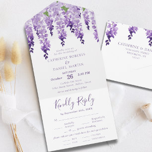 Waterverf Wisteria Paarse Lila Floral Wedding All In One Uitnodiging