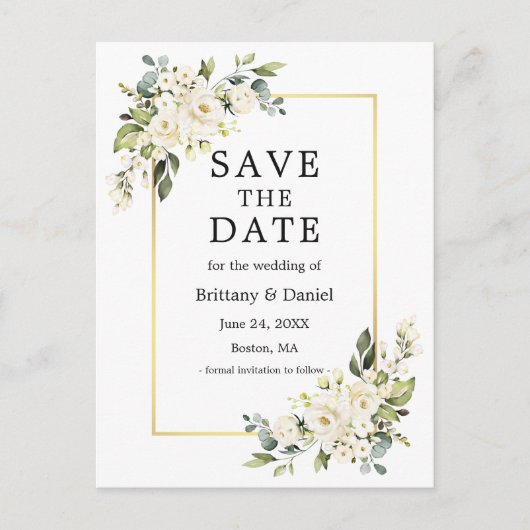 Waterverf Wit Bloemengoud Save the Date Briefkaart (Voorkant)