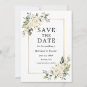 Waterverf wit bloemengroen goud save the date (Voorkant)
