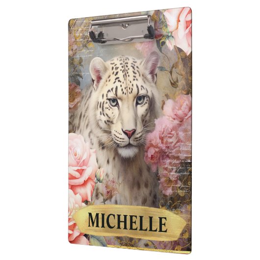 Waterverf  Wit Luipaard en Roze Rozen Klembord (Links)