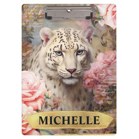 Waterverf  Wit Luipaard en Roze Rozen Klembord (Voorkant)