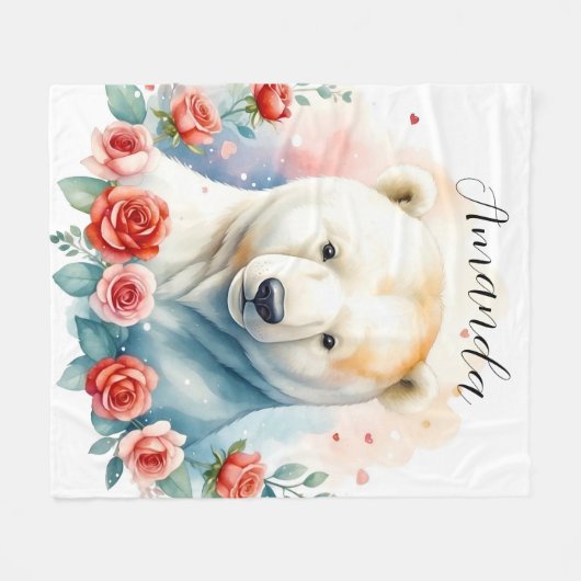 Waterverf Wit Polar Beer Bloemen Fleece Deken (Voorkant (Horizontaal))
