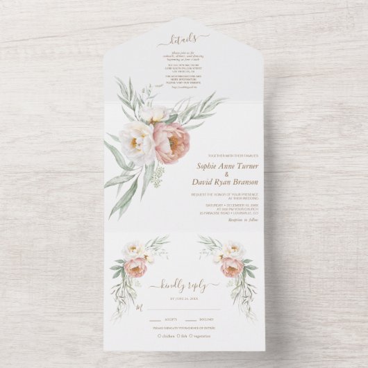 Waterverf wit stoffig Roos bloemen bruiloft All In One Uitnodiging (Binnen)