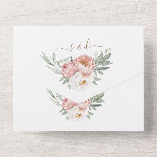 Waterverf wit stoffig Roos bloemen bruiloft All In One Uitnodiging (Achterkant)