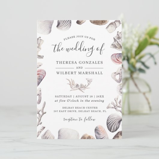 Waterverf Wit Zee Shell Strand Zand Bruiloft Kaart (Staand voorkant)