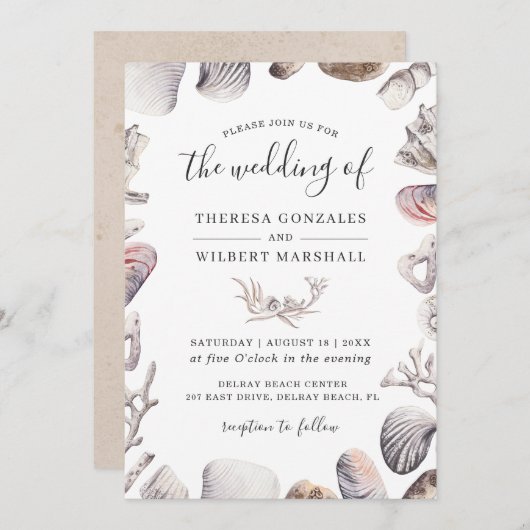 Waterverf Wit Zee Shell Strand Zand Bruiloft Kaart (Voorkant / Achterkant)