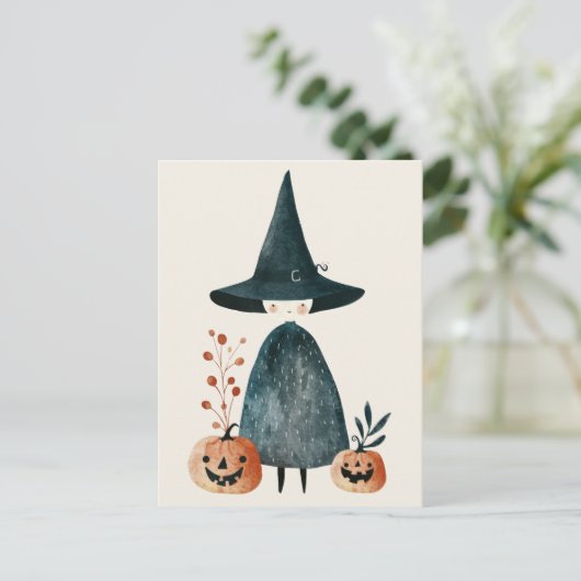 Waterverf Witch & Jack-o-lantaarns Schattige Hallo Briefkaart (Staand voorkant)