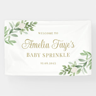 Waterverf Witte Bloem en Groene Baby Sprinkle Spandoek