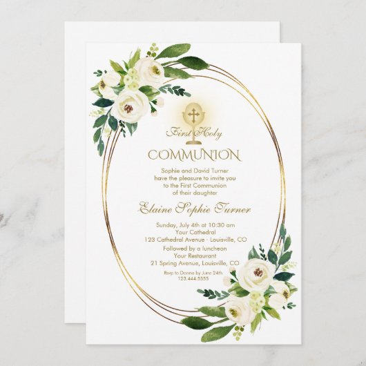 Waterverf Witte Bloemen Gouden Eerste Heilige Comm Kaart (Voorkant / Achterkant)