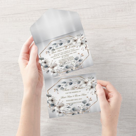 Waterverf Witte Bloemen Gouden Lijst Zilver Blauwg All In One Uitnodiging (Afscheurbaar)