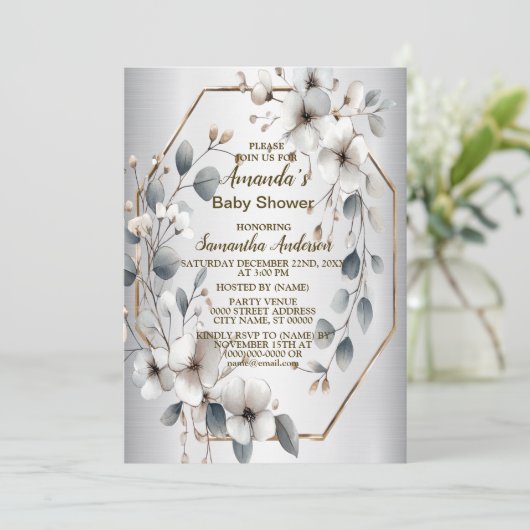 Waterverf Witte Bloemen Gouden Lijst Zilver Blauwg Kaart (Staand voorkant)