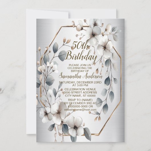 Waterverf Witte Bloemen Gouden Lijst Zilver Blauwg Kaart (Voorkant)