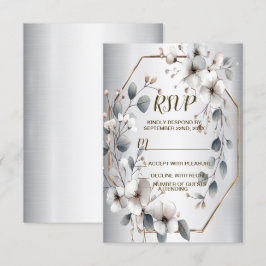 Waterverf Witte Bloemen Gouden Lijst Zilver Blauwg RSVP Kaartje
