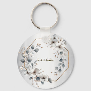 Waterverf Witte Bloemen Gouden Lijst Zilver Blauwg Sleutelhanger