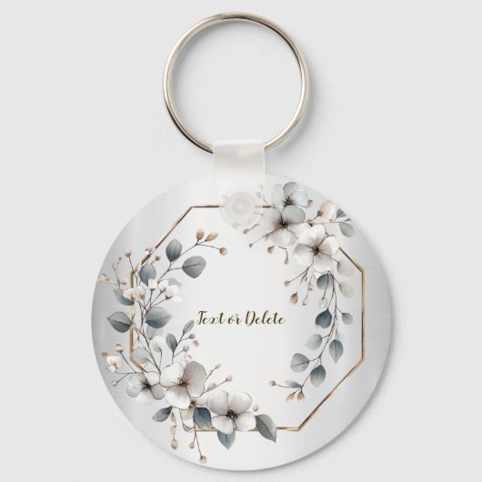 Waterverf Witte Bloemen Gouden Lijst Zilver Blauwg Sleutelhanger (Achterkant)