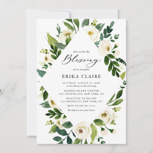 Waterverf Witte bloemen Lijst Baby Kaart (Voorkant)