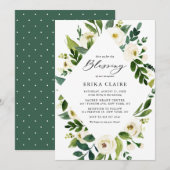 Waterverf Witte bloemen Lijst Baby Kaart (Voorkant / Achterkant)