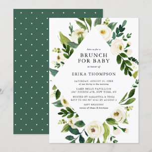 Waterverf Witte Bloemen Lijst Baby shower Brunch Kaart