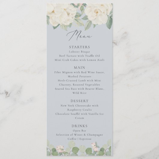 Waterverf witte bloemen, pastelblauw menu (Voorkant)