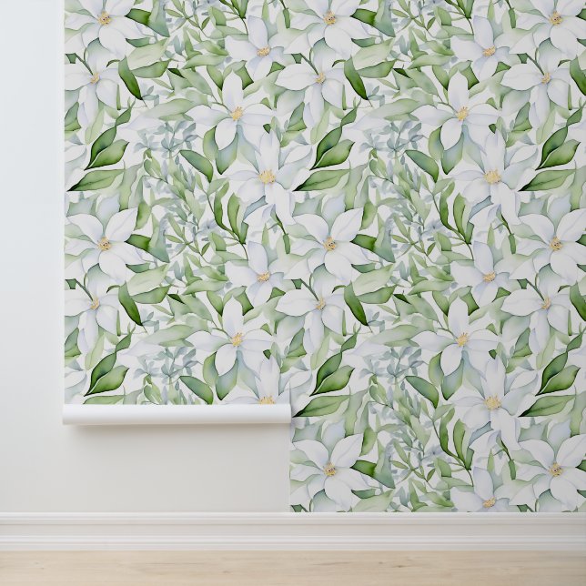  Waterverf Witte Bloemen Salie Groen Blad Behang (Applicatie)