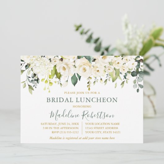 Waterverf Witte Bloemen Wijze Groene Bruids Lunche Kaart (Staand voorkant)