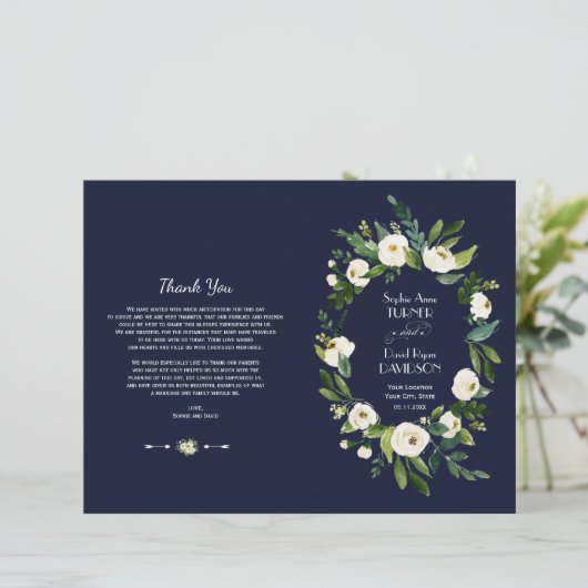 Waterverf Witte Bloemige Donkerblauwe Trouwprogram (Staand voorkant)