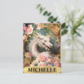 Waterverf Witte Draak en Roze Rozen Briefkaart (Staand voorkant)