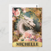 Waterverf Witte Draak en Roze Rozen Briefkaart (Voorkant / Achterkant)