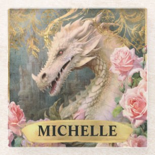 Waterverf Witte Draak en Roze Rozen Glazen Onderzetter