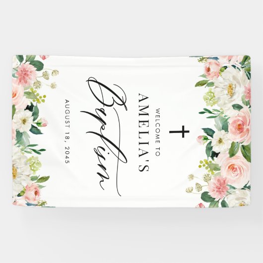 Waterverf Witte en Blush Bloemen Garland Doop Spandoek (Horizontaal)