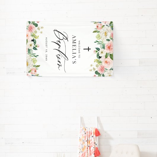Waterverf Witte en Blush Bloemen Garland Doop Spandoek (Insitu)
