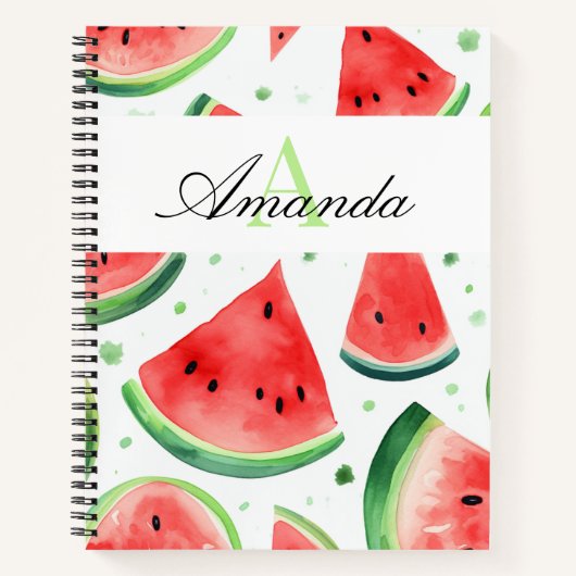 Waterverf Witte en Groene Watermeloen Monogramed Notitieboek (Voorkant)