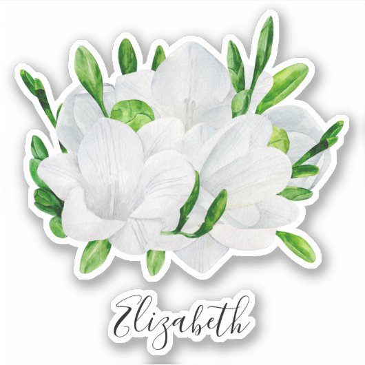 Waterverf witte Freesia. Elegante bloemnaam Sticker (Voorkant)