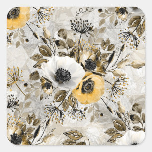Waterverf witte, gele bloemen vierkante sticker