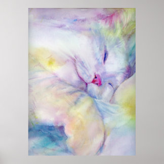 waterverf witte katten die op een wit vel slapen poster
