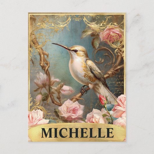 Waterverf  Witte Kolibrie & Roze Rozen Briefkaart (Voorkant)