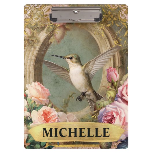 Waterverf  Witte Kolibrie & Roze Rozen Klembord (Voorkant)