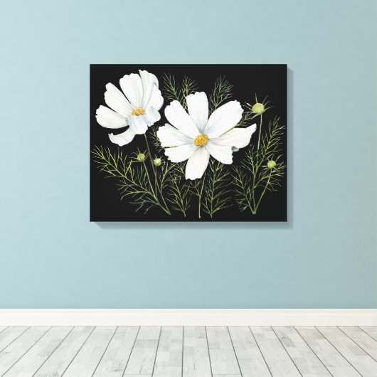 Waterverf Witte Kosmos Bloemen Botanische Schilder Canvas Afdruk (Insitu (Houten vloer))