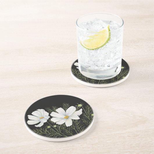 Waterverf Witte Kosmos Bloemen Botanische Schilder Zandsteen Onderzetter (Zijkant)