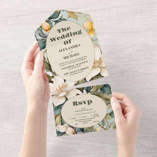 Waterverf witte lelie art nouveau bruiloft all in one uitnodiging (Afscheurbaar)