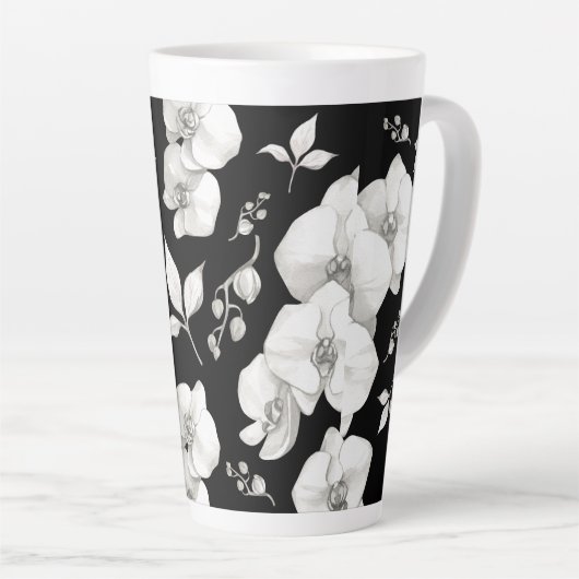 Waterverf Witte Orchidee op Zwart | Latte Mok (Rechterhoek)